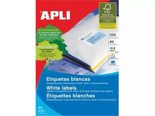 Een Apli witte etiketten ft 210 x 297 mm (b x h) (A4), 100 stuks, 1 per blad (1281) koop je bij ShopXPress