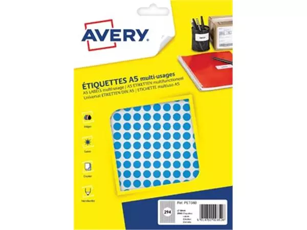 Een Avery PET08B ronde markeringsetiketten, diameter 8 mm, blister van 2940 stuks, blauw koop je bij ShopXPress