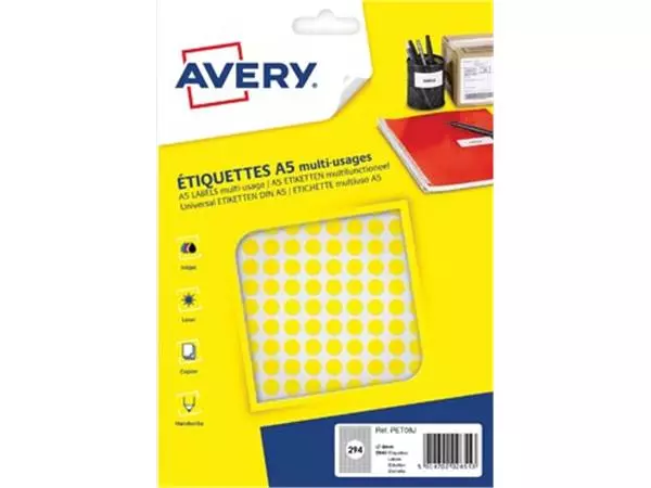 Een Avery PET08J ronde markeringsetiketten, diameter 8 mm, blister van 2940 stuks, geel koop je bij ShopXPress