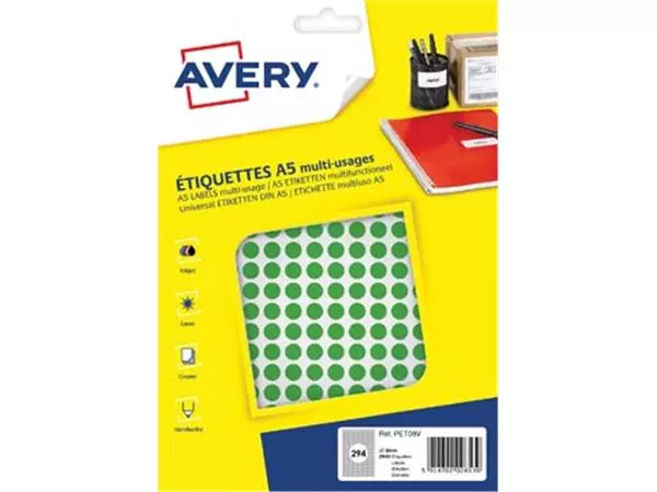 Een Avery PET08V ronde markeringsetiketten, diameter 8 mm, blister van 2940 stuks, groen koop je bij ShopXPress