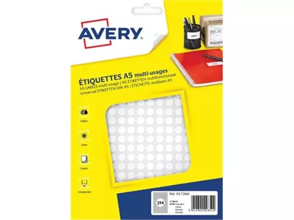 Een Avery PET08W ronde markeringsetiketten, diameter 8 mm, blister van 4704 stuks, wit koop je bij ShopXPress