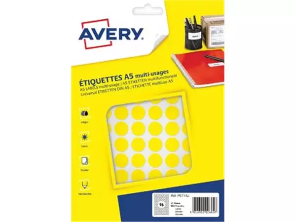 Een Avery PET15J ronde markeringsetiketten, diameter 15 mm, blister van 960 stuks, geel koop je bij ShopXPress