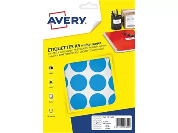 Een Avery PET30B ronde markeringsetiketten, diameter 30 mm, blister van 240 stuks, lichtblauw koop je bij ShopXPress