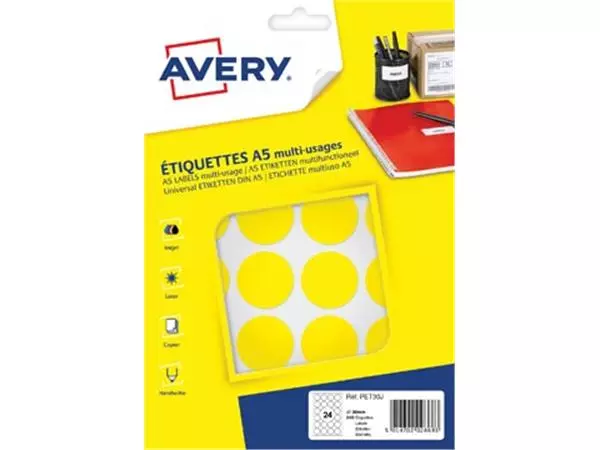 Een Avery PET30J ronde markeringsetiketten, diameter 30 mm, blister van 240 stuks, geel koop je bij ShopXPress