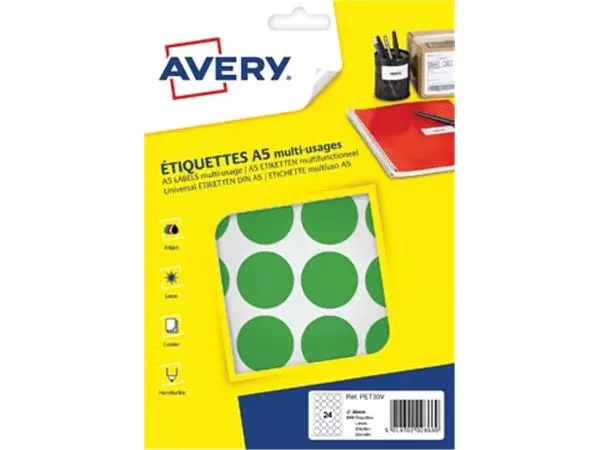 Een Avery PET30V ronde markeringsetiketten, diameter 30 mm, blister van 240 stuks, groen koop je bij ShopXPress