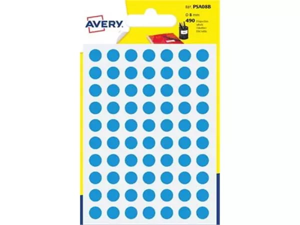 Een Avery PSA08B ronde markeringsetiketten, diameter 8 mm, blister van 490 stuks, lichtblauw koop je bij ShopXPress