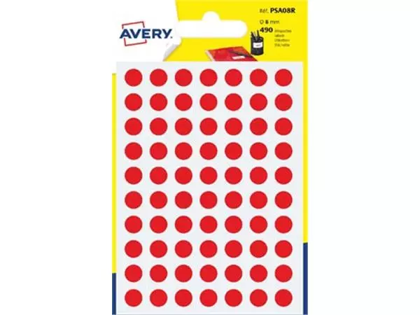 Een Avery PSA08R ronde markeringsetiketten, diameter 8 mm, blister van 490 stuks, rood koop je bij ShopXPress