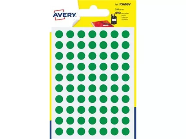 Een Avery PSA08V ronde markeringsetiketten, diameter 8 mm, blister van 490 stuks, groen koop je bij ShopXPress