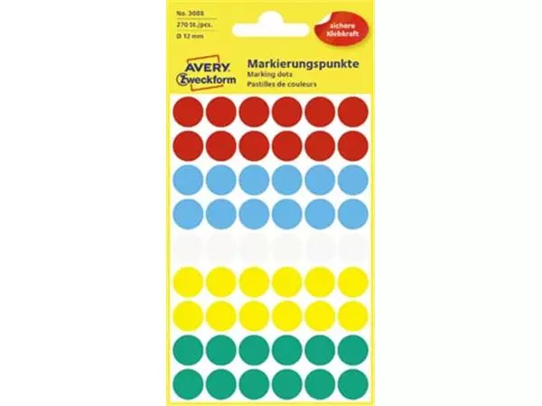 Een Avery Ronde etiketten diameter 12 mm, geassorteerde kleuren, 270 stuks koop je bij ShopXPress