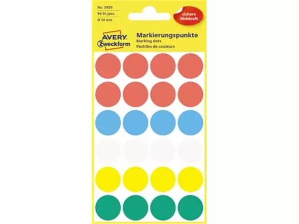 Een Avery Ronde etiketten diameter 18 mm, geassorteerde kleuren, 96 stuks koop je bij ShopXPress