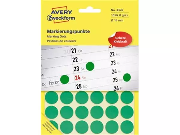 Een Avery Ronde etiketten diameter 18 mm, groen, 1.056 stuks koop je bij ShopXPress