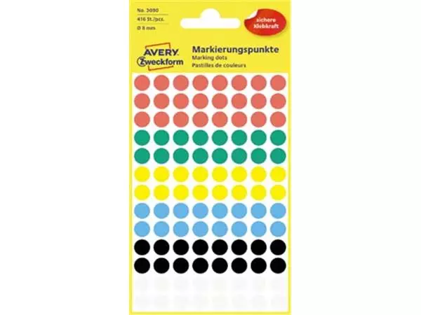 Een Avery Ronde etiketten diameter 8 mm, geassorteerde kleuren, 416 stuks koop je bij ShopXPress