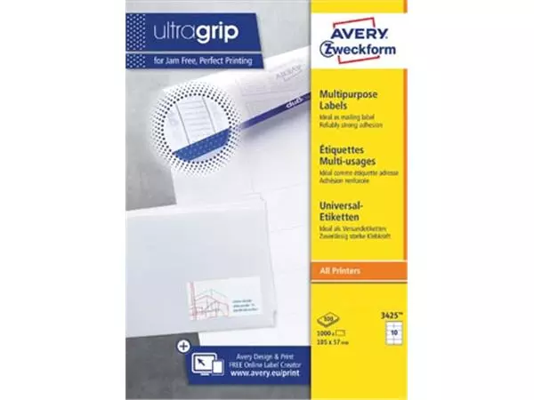 Een Avery Zweckform 3425, Universele etiketten, Ultragrip, wit, 100 vel, 10 per vel, ft 105 x 57 mm koop je bij ShopXPress