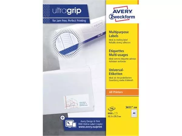 Een Avery Zweckform 3651-2, Universele etiketten, Ultragrip, wit, 200 vel, 40 per vel, ft 52,5 x 29,7 mm koop je bij ShopXPress