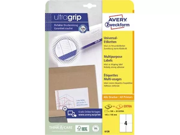 Een Avery Zweckform 6120, Universele etiketten, Ultragrip, wit, 25+5 vel, 4 per vel, 105 x 148 mm koop je bij ShopXPress