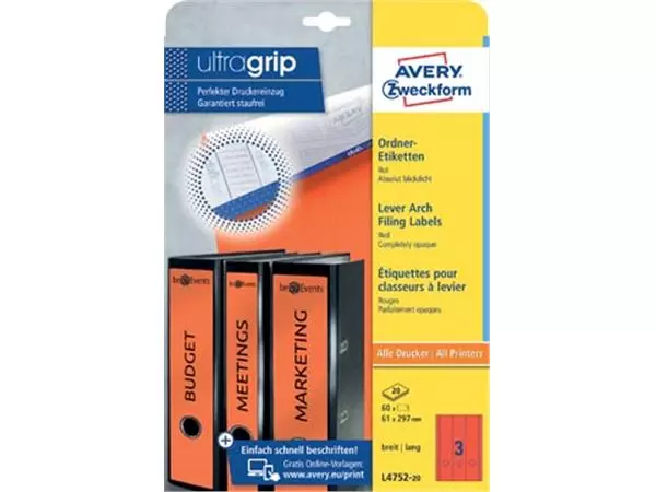 Een Avery Zweckform L4752-20 ordnerrugetiketten ft 29,7 x 6,1 cm (b x h), 60 etiketten, rood koop je bij ShopXPress