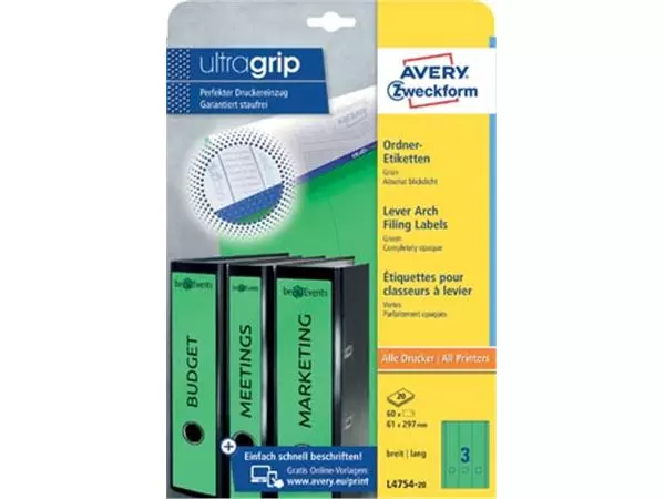 Een Avery Zweckform L4754-20 ordnerrugetiketten ft 29,7 x 6,1 cm (b x h), 60 etiketten, groen koop je bij ShopXPress