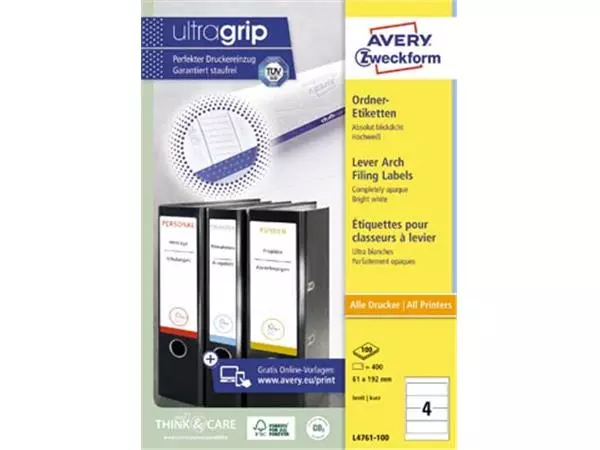 Een Avery Zweckform L4761-100 ordnerrugetiketten ft 19,2 x 6,1 cm (b x h), 400 etiketten, wit koop je bij ShopXPress