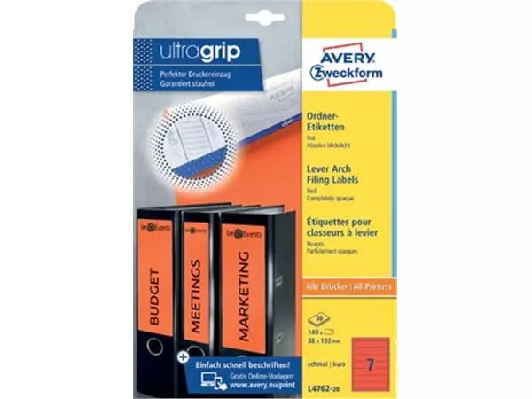 Een Avery Zweckform L4762-20 ordnerrugetiketten ft 19,2 x 3,8 cm (b x h), 140 etiketten, rood koop je bij ShopXPress