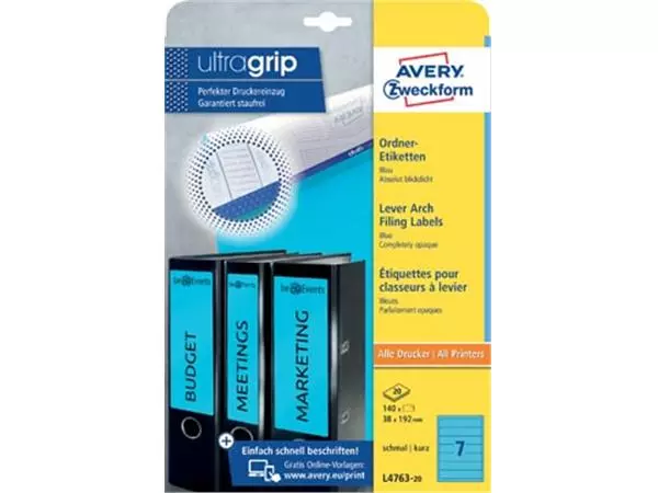 Een Avery Zweckform L4763-20 ordnerrugetiketten ft 19,2 x 3,8 cm (b x h), 140 etiketten, blauw koop je bij ShopXPress