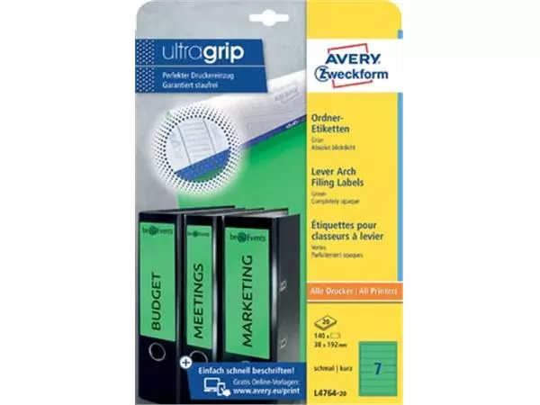 Een Avery Zweckform L4764-20 ordnerrugetiketten ft 19,2 x 3,8 cm (b x h), 140 etiketten, groen koop je bij ShopXPress