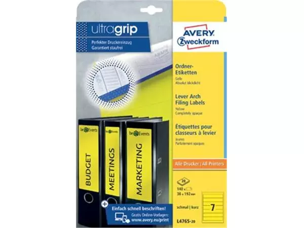 Een Avery Zweckform L4765-20 ordnerrugetiketten ft 19,2 x 3,8 cm (b x h), 140 etiketten, geel koop je bij ShopXPress