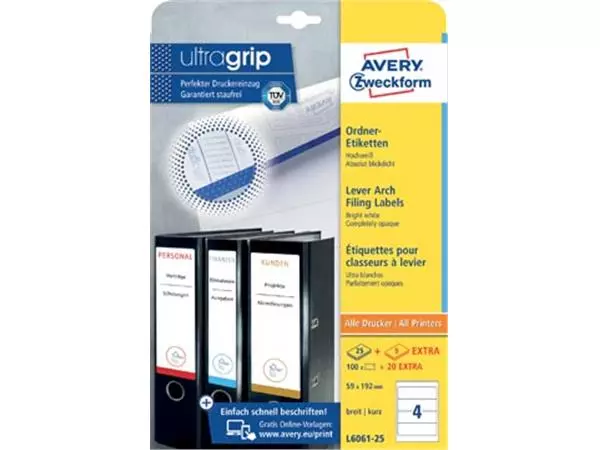 Een Avery Zweckform L6061-25 ordnerrugetiketten ft 19,2 x 5,9 cm (b x h), 120 etiketten, wit koop je bij ShopXPress