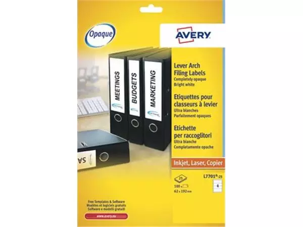 Een Avery Zweckform L7701-25 ordnerrugetiketten ft 19,2 x 6,2 cm (b x h), 100 etiketten, wit koop je bij ShopXPress