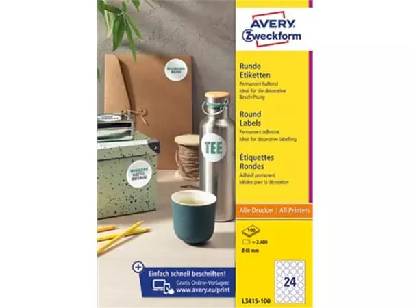 Een Avery Zweckform ronde etiketten, diameter 40 mm, wit, permanent klevend, 240 etiketten, 10 vellen koop je bij ShopXPress