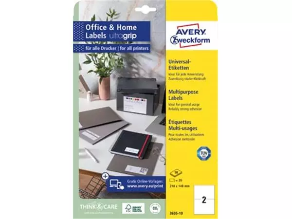 Een Avery Zweckform universele etiketten, 210 x 148 mm, wit, permanent klevend, 20 etiketten, 10 vellen koop je bij ShopXPress