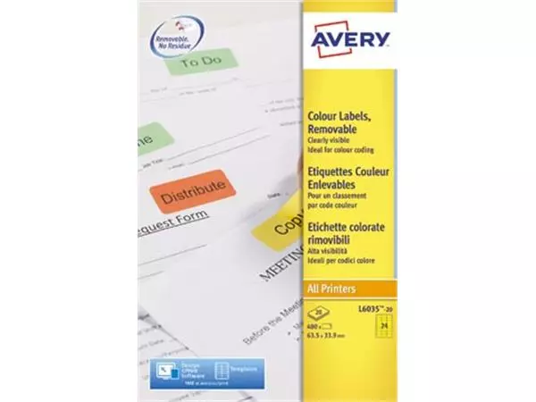 Een Avery afneembare gekleurde etiketten ft 63,5 x 33,9 mm (b x h), 480 stuks, 24 per blad, geel koop je bij ShopXPress