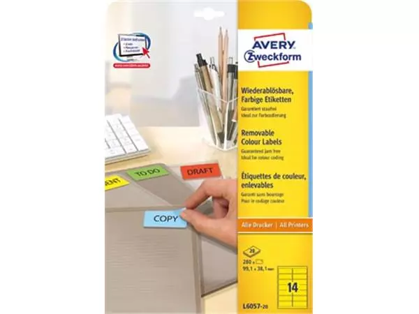 Een Avery afneembare gekleurde etiketten ft 99,1 x 38,1 mm (b x h), 280 stuks, 14 per blad, geel koop je bij ShopXPress