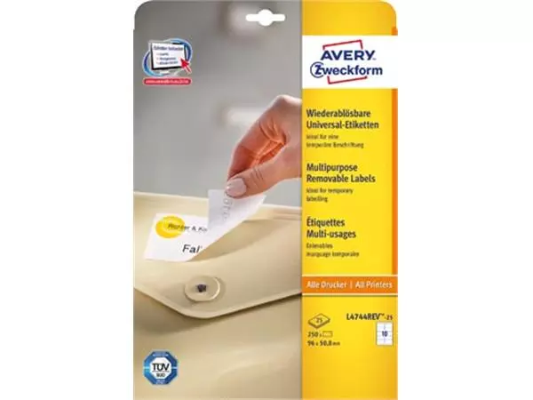 Een Avery afneembare witte etiketten Stick & Lift ft 96 x 50,8 mm, 250 stuks, 10 per blad koop je bij ShopXPress