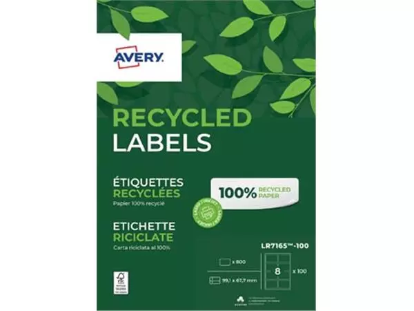 Een Avery gerecycleerde witte laseretiketten QuickPeel ft 99,1 x 67,7 mm (b x h), 800 stuks, 8 per blad koop je bij ShopXPress