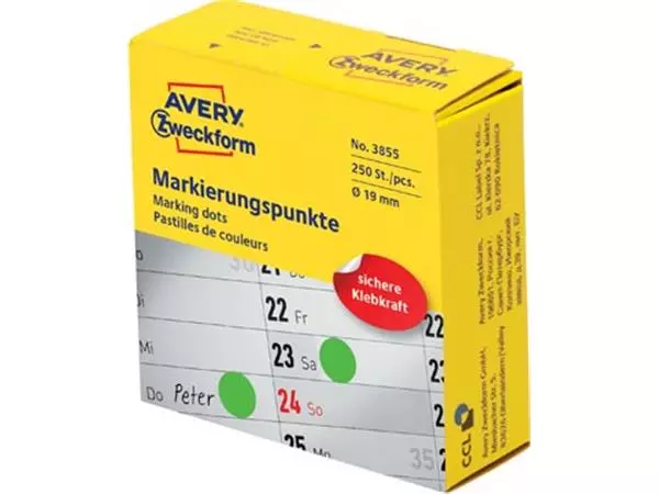 Een Avery marking dots, diameter 19 mm, rol met 250 stuks, groen koop je bij ShopXPress