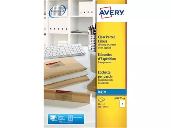 Een Avery transparante verzendetiketten ft 210 x 297 mm, 25 stuks, 1 per blad koop je bij ShopXPress