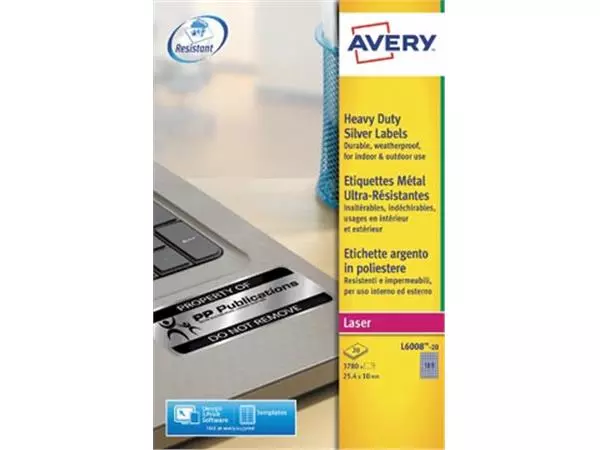 Een Avery ultra-sterke zilverkleurige etiketten ft 24,5 x 10 mm (b x h), 3.780 stuks, 189 per blad koop je bij ShopXPress
