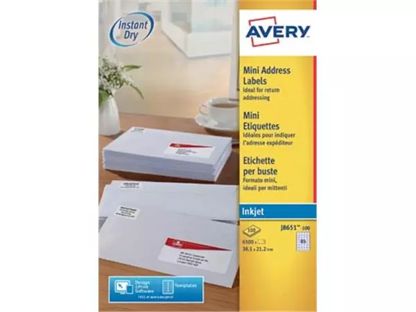 Een Avery witte etiketten QuickDry ft 38,1 x 21,2 mm (b x h), 6.500 stuks, 65 per blad koop je bij ShopXPress