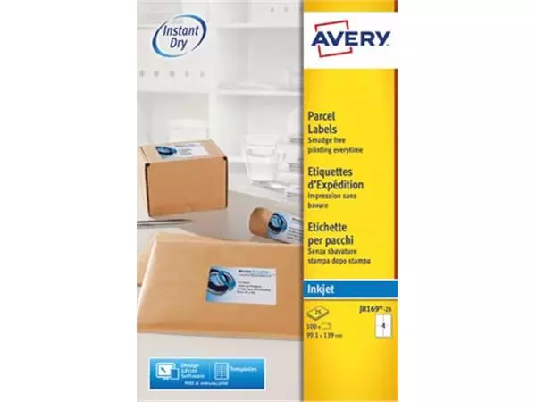 Een Avery witte etiketten inkjet QuickDry ft 99,1 x 139mm, 100 stuks, doos van 25 vel Met ronde hoeken koop je bij ShopXPress