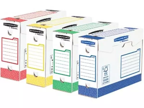 Een Bankers Box basic archiefdoos heavy duty, ft 9,5 x 24,5 x 33 cm, geassorteerde kleuren, pak van 8 stuks koop je bij ShopXPress