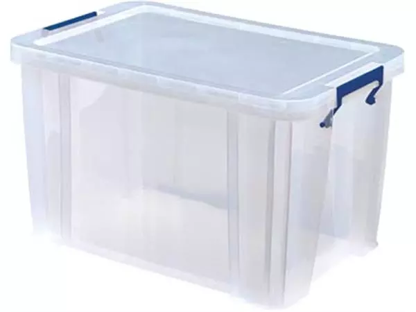 Een Bankers Box opbergdoos 26 liter, transparant met blauwe handvaten, per stuk verpakt in karton koop je bij ShopXPress