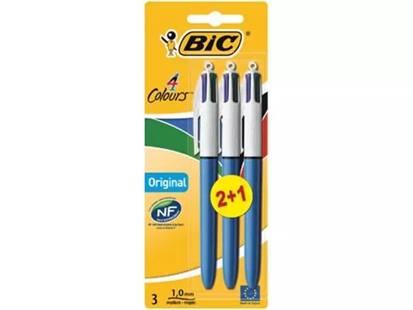 Een Bic Colours Original 4-kleurenbalpen, medium, klassieke inktkleuren, blauw, op blister 2+1 gratis koop je bij ShopXPress