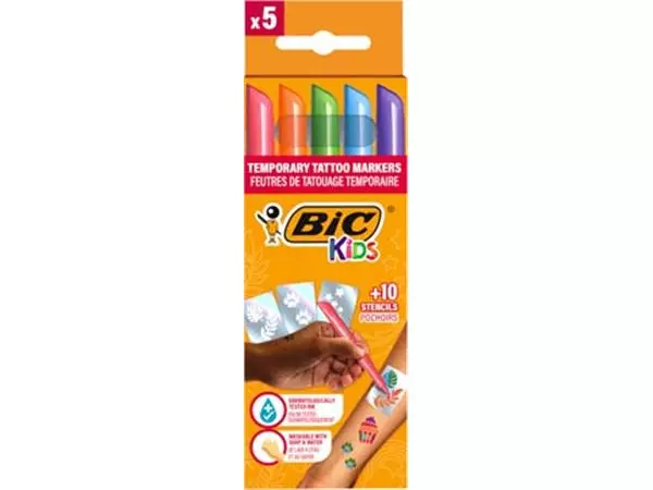 Een Bic Kids tattoo marker set, assorti, set van 5 pennen en 10 stencils koop je bij ShopXPress