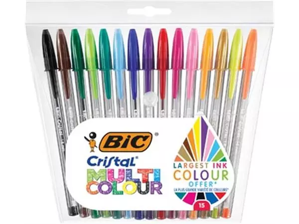 Een Bic balpen Cristal Multicolour, etui van 15 stuks in geassorteerde kleuren koop je bij ShopXPress