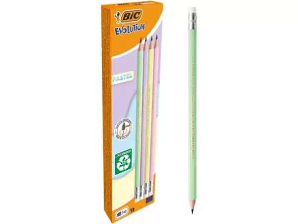 Een Bic grafietpotlood Evolution Pastel HB met gom, doos van 12 stuks, assorti koop je bij ShopXPress