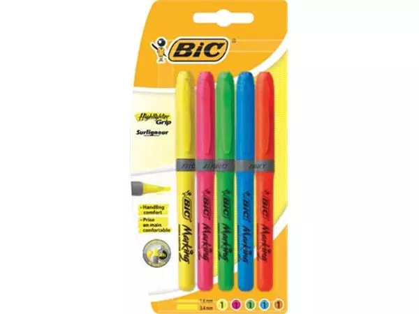 Een Bic markeerstift Highlighter Grip, blister van 5 stuks in geassorteerde kleuren koop je bij ShopXPress