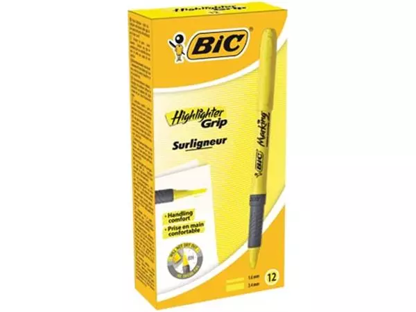 Een Bic markeerstift Highlighter Grip, geel, doos van 12 stuks koop je bij ShopXPress