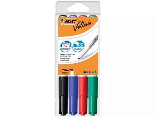 Een Bic whiteboardmarker Velleda 1741, in geassorteerde kleuren, etui van 4 stuks koop je bij ShopXPress