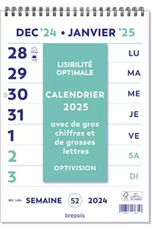 Een Brepols Optivision Wand-week kalender, Franstalig, 2025 koop je bij ShopXPress