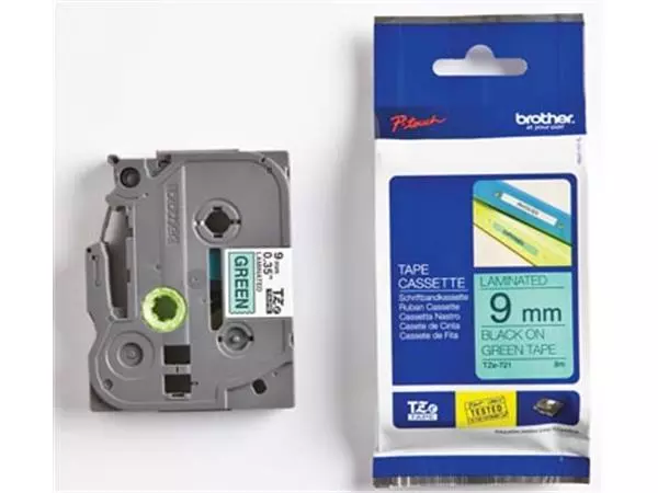 Een Brother TZe tape voor P-Touch 9 mm, zwart op groen koop je bij ShopXPress